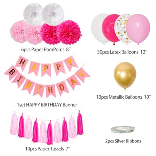 Hot Pink Birthday Party Decorations, Pink Gold White Confetti Latex Metallic Balloons With Happy Birthday Banner Paper Pom Poms Tassels Party Supplies For Mom Women Girls