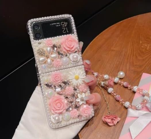 Bling Diamond Case for Moto Razr+/Plus 2025 with Pearl Bracelet Strap Cover,Pink 3D Sparkly Shiny Crystal Rhinestones Flower Girly Shockproof Phone