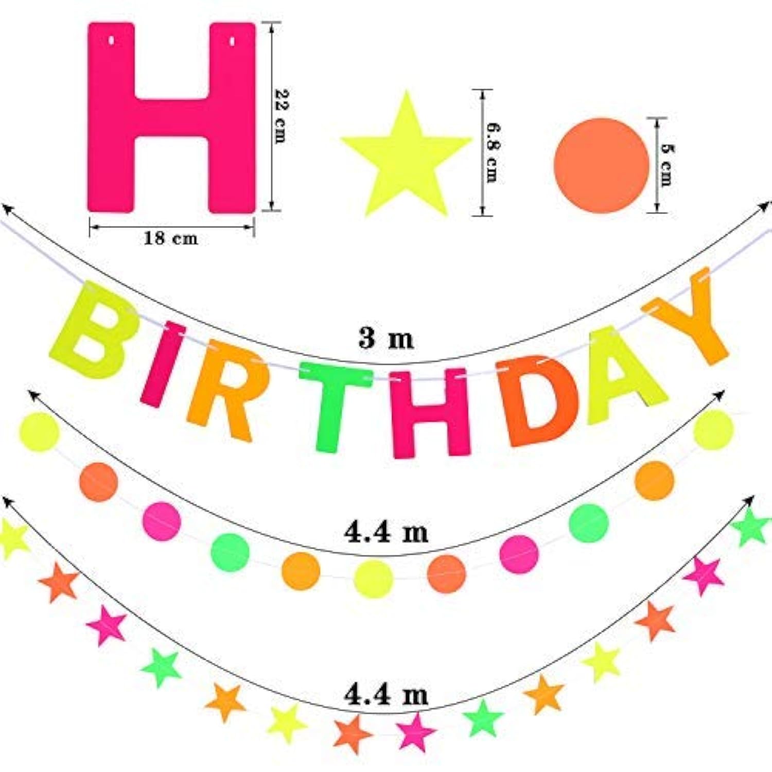 3 Pieces Neon Happy Birthday Banner Black Light Circle Dots Banner Col