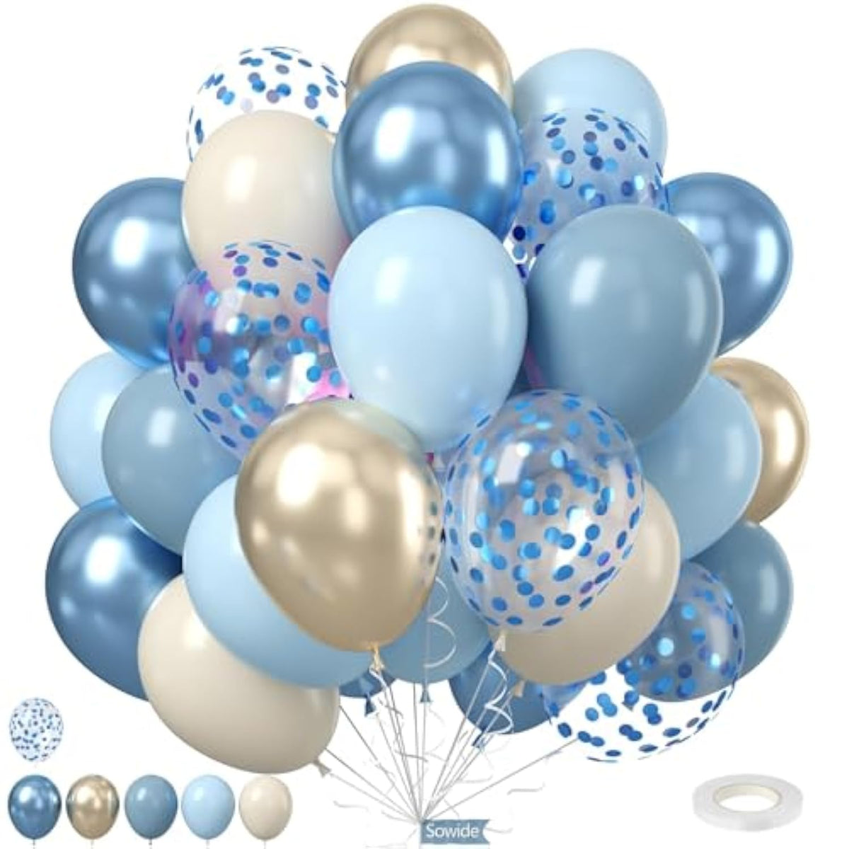 Dusty Baby Blue Balloons, 50Pcs 12 Inches Light Blue White Metallic Gold Confetti Birthday Balloons For Kids Boy Baby Shower Birthday Party Wedding Anniversary Bridal Engagement Graduation Decorations