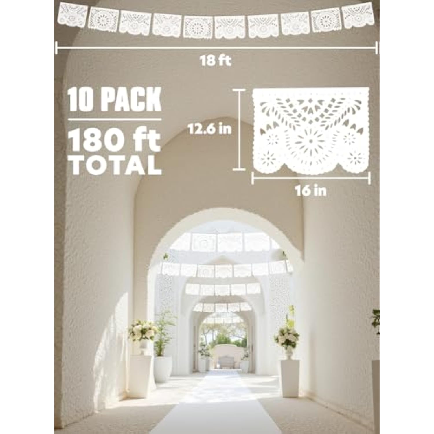 10 Pack White Papel Picado Banner 180 Ft (18 Ft X 10), 100% Made In Mexico, Papel Picado Blanco, White Mexican Banner, For Parties, Wedding, Baby Shower, Bautizos, Bodas, Birthdays | 10 Plastic Flags Per Banner |
