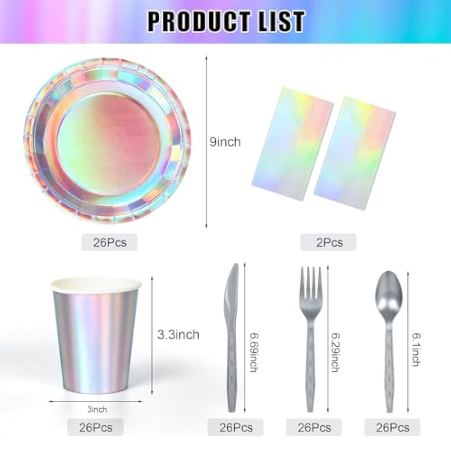 Iridescent Party Supplies Decorations,132 Pcs Disposable Iridescent Paper Party Plates Cups Knives Spoons Fork For Birthday Wedding Outdoor Picnic,Disposable Plastic Tablecloths For Dinner,Holiday