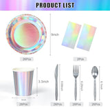 Iridescent Party Supplies Decorations,132 Pcs Disposable Iridescent Paper Party Plates Cups Knives Spoons Fork For Birthday Wedding Outdoor Picnic,Disposable Plastic Tablecloths For Dinner,Holiday