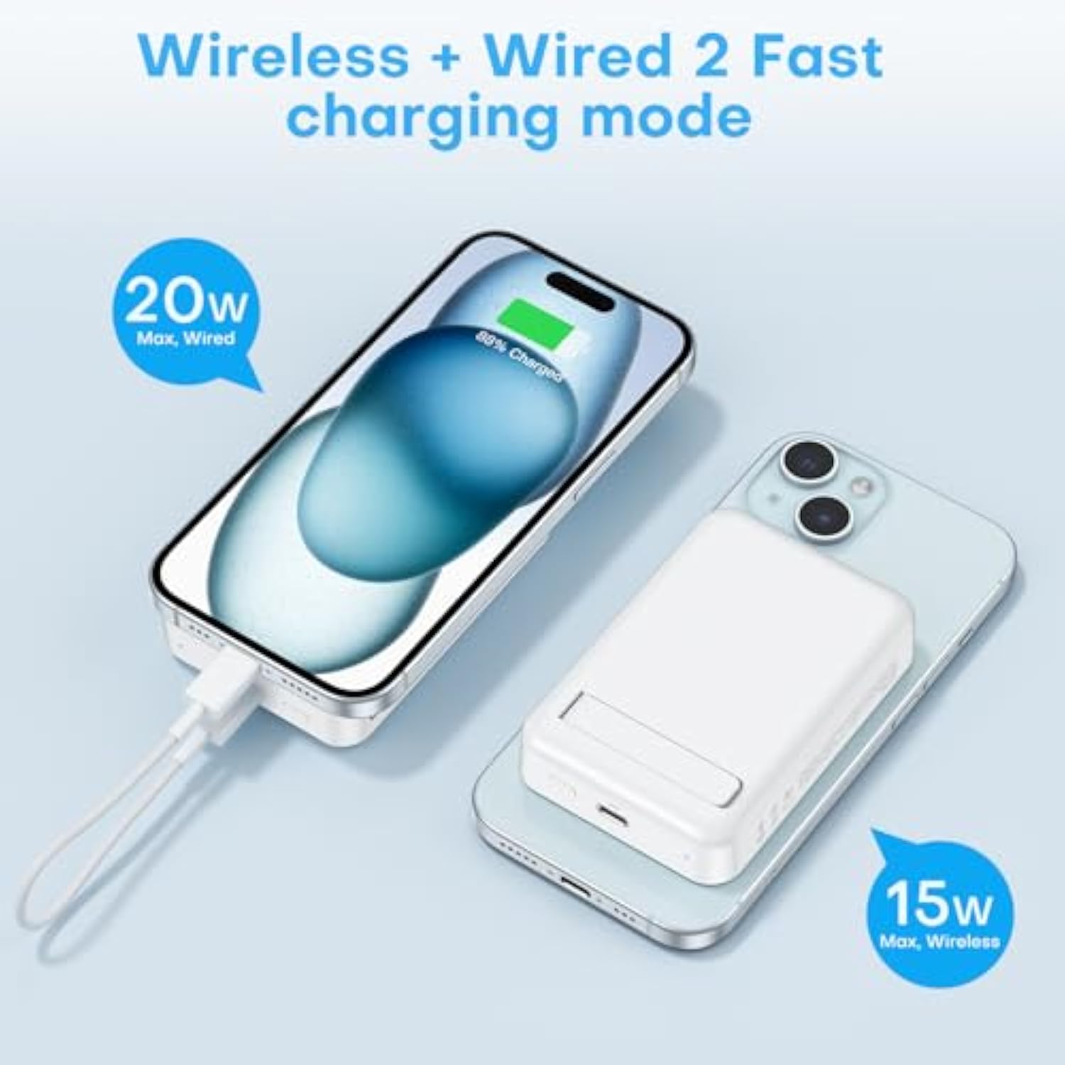 OMOTON Portable Charger Power Bank - 10000mAh Magnetic Fast Charging Battery Pack for iPhone 15 (Above 11 Series), LED Display Indicators and Foldable Stand- Blue