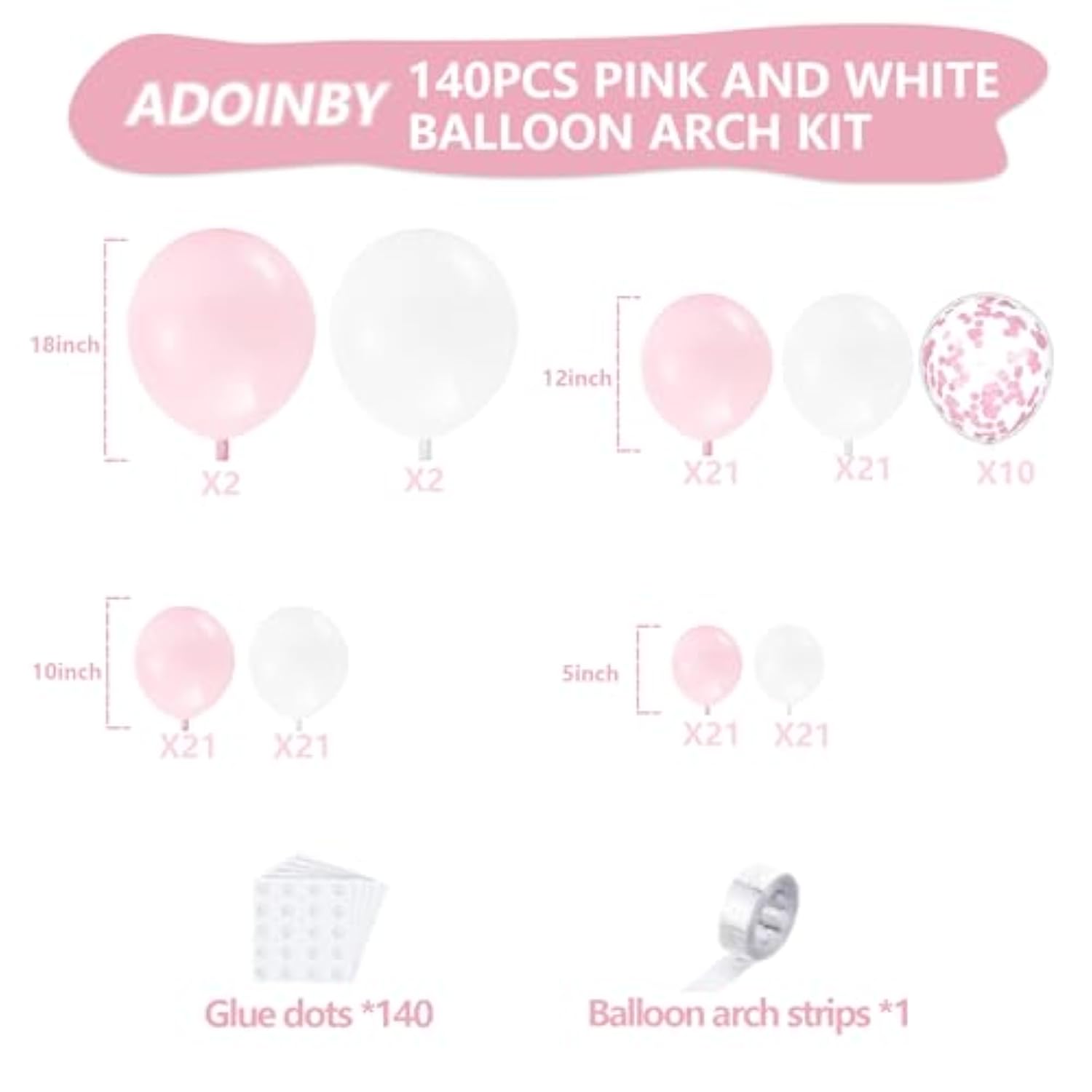 Pink And White Balloon Arch Kit, 140Pcs Macaron Pink Balloon Matte White Balloon 18 12 10 5 Inch Different Size Balloons For Engagement Wedding Birthday Baby Shower Gender Reveal Decorations