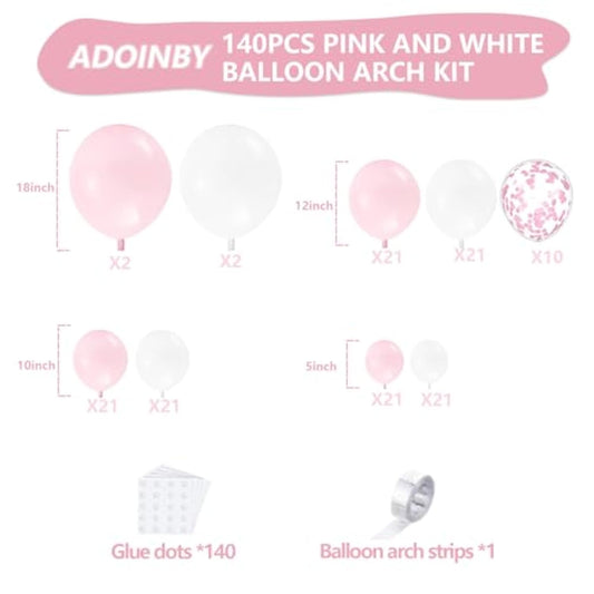 Pink And White Balloon Arch Kit, 140Pcs Macaron Pink Balloon Matte White Balloon 18 12 10 5 Inch Different Size Balloons For Engagement Wedding Birthday Baby Shower Gender Reveal Decorations