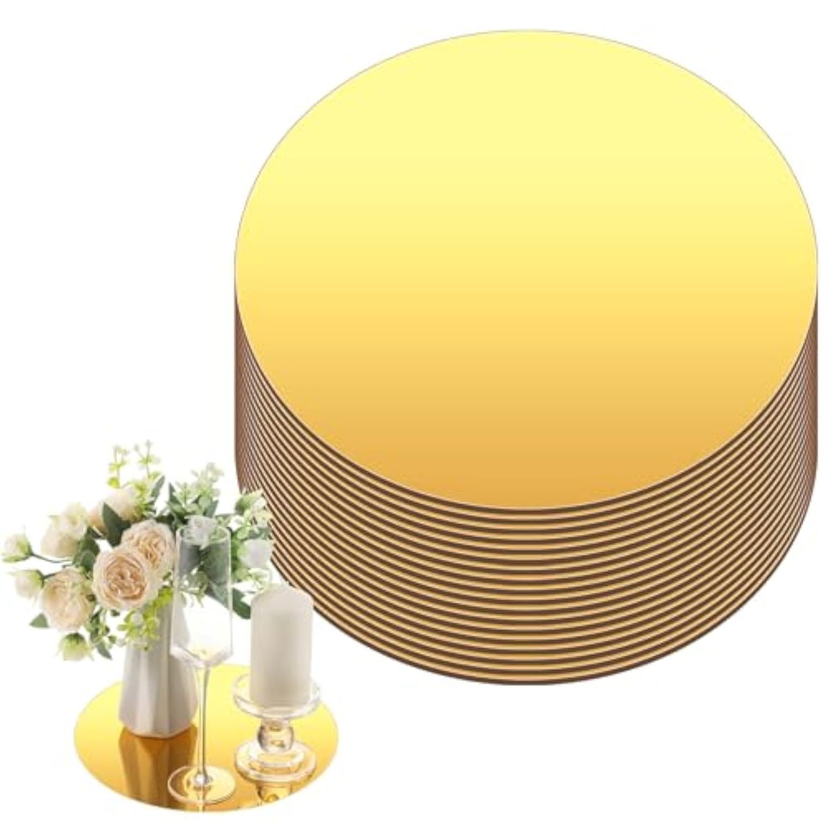 20 Pcs 10 Inch Acrylic Round Mirrors For Tables Centerpieces Circle Mirrors Candle Plates For Wall Wedding Table Centerpieces For Baby Shower Party, Thickness 1 Mm (Gold)
