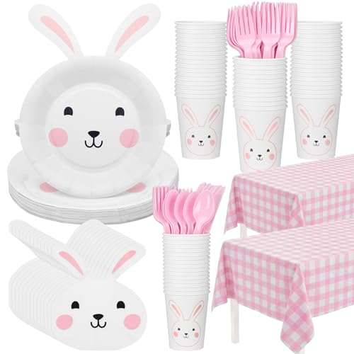 147 Pcs Bunny Birthday Decoration Tableware Party Supplies Some Bunny Is One Decorations Include Party Plates Napkins Paper Cup Fork and Spoon Tablecloth, Serve 24 Guests