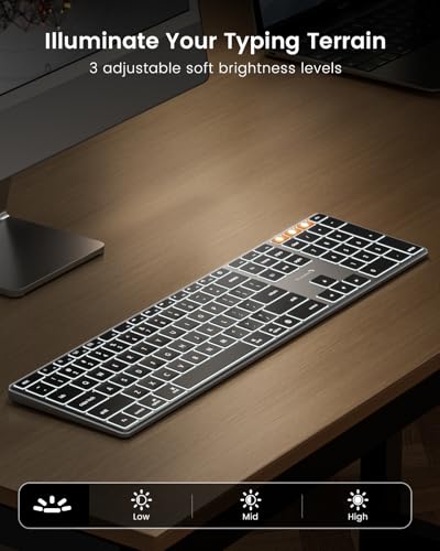 Backlit Wireless Keyboard For Mac, K110-A Aluminum Full Size Ultra Slim Bluetooth Keyboard For Ipad, Multi-Device, Low Profile, Rechargeable, For Macbook Pro/Air, Imac, Mac Mini, Space Gray