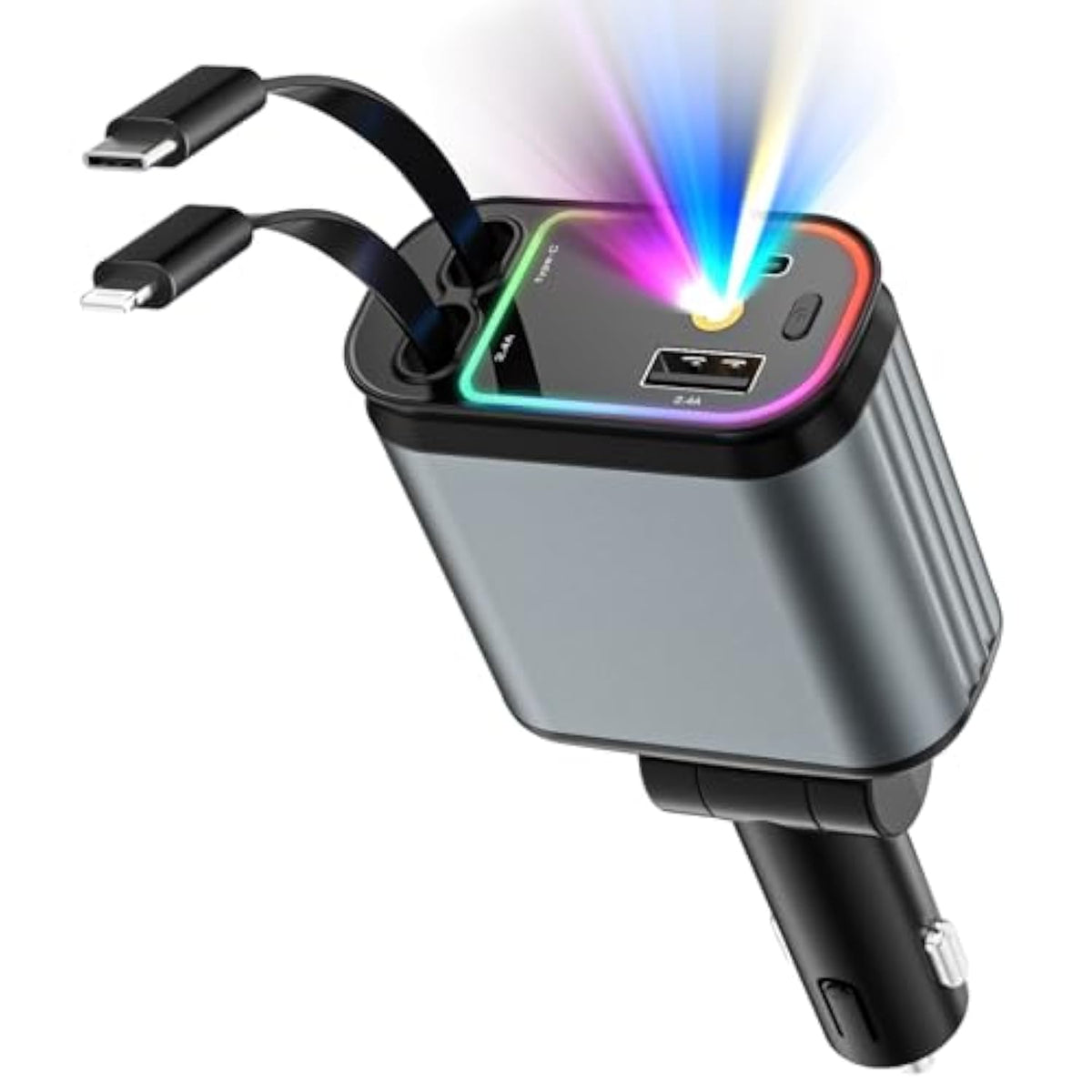 Car Charger With Starlight, 66W Usb C Fast Car Chargers Adapter, 4 In 1 Retractable Car Charger With 2 Usb Ports Car Phone Chargers For Iphone 16/15/14/13/12/11 And For Android (Dark Grey)