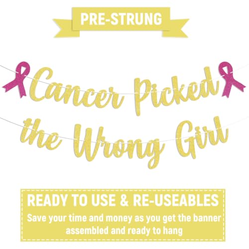 Cancer Picked the Wrong Girl Banner - Cancer Free Decor,Peace Out Chemo Breast Cancer Awareness Party Decorations Gold Glitter