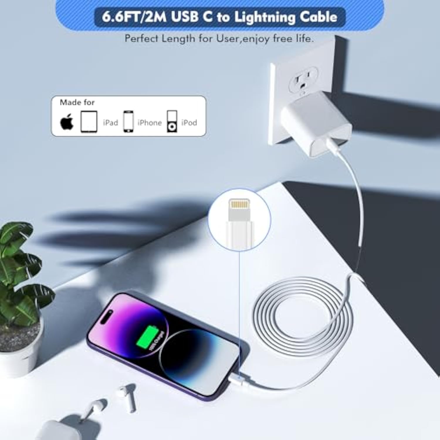 Long Apple Iphone Fast Charger,Fast Charging Iphone 2Pack Pd Type C Wall Charger Fast Charging Apple Adapter 6.6Ft Usb-C To Lightning Cable Apple Chargers For Iphone 14/13/12/Pro/Max/11/Xr/X/8/Se/Ipad