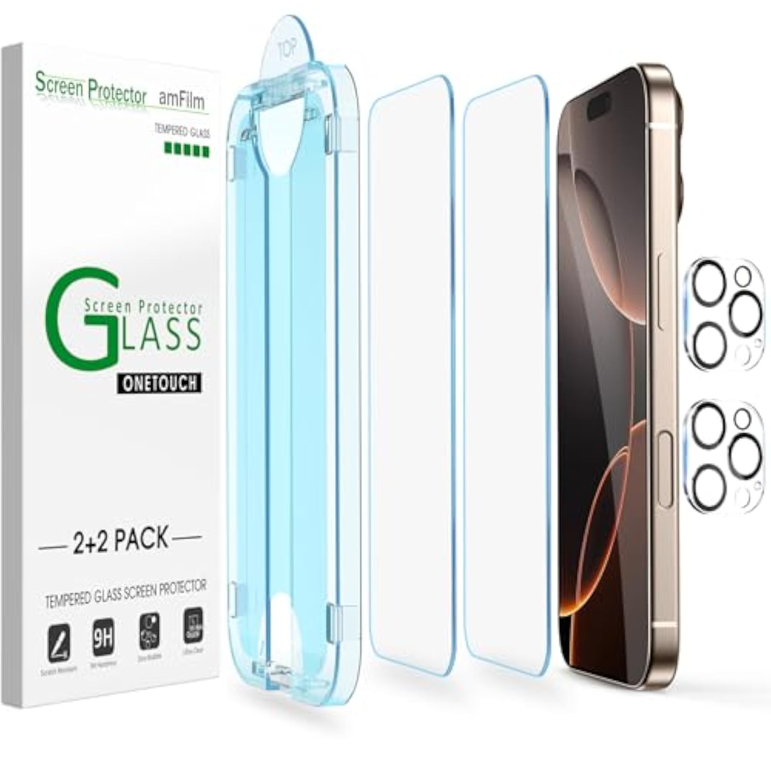 amFilm Auto-Alignment OneTouch for iPhone 16 Pro Max [6.9''] Screen Protector + Camera Lens Protector, Tempered Glass, 30 seconds Installation, Bubble Free, Case Friendly, Anti-Scratch [2+2 Pack]
