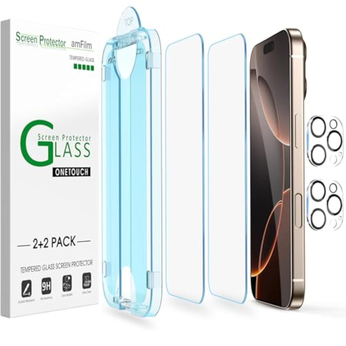amFilm Auto-Alignment OneTouch for iPhone 16 Pro Max [6.9''] Screen Protector + Camera Lens Protector, Tempered Glass, 30 seconds Installation, Bubble Free, Case Friendly, Anti-Scratch [2+2 Pack]