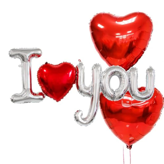 I Love You Balloons, 1 Pcs Red And Silver I Love You Banner Foil Letter Balloon And 2 Pcs Red Heart Foil Letter Balloon For Valentines Party Engagement Anniversary Wedding Decor Supplies