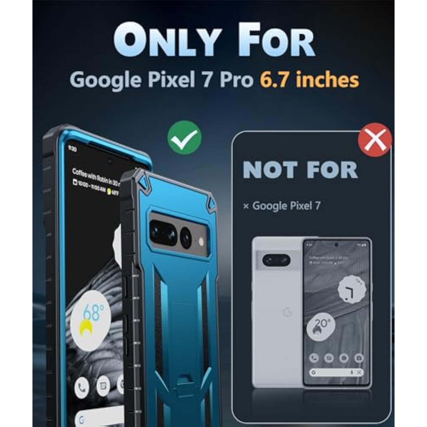 For Google Pixel 7-Pro Phone Case: Shockproof Protective With Built-In Screen Protector & Kickstand - Heavy Duty Dual Layer Rugged Military Grade Drop Proof Cell Phone Cover (Blue Black)