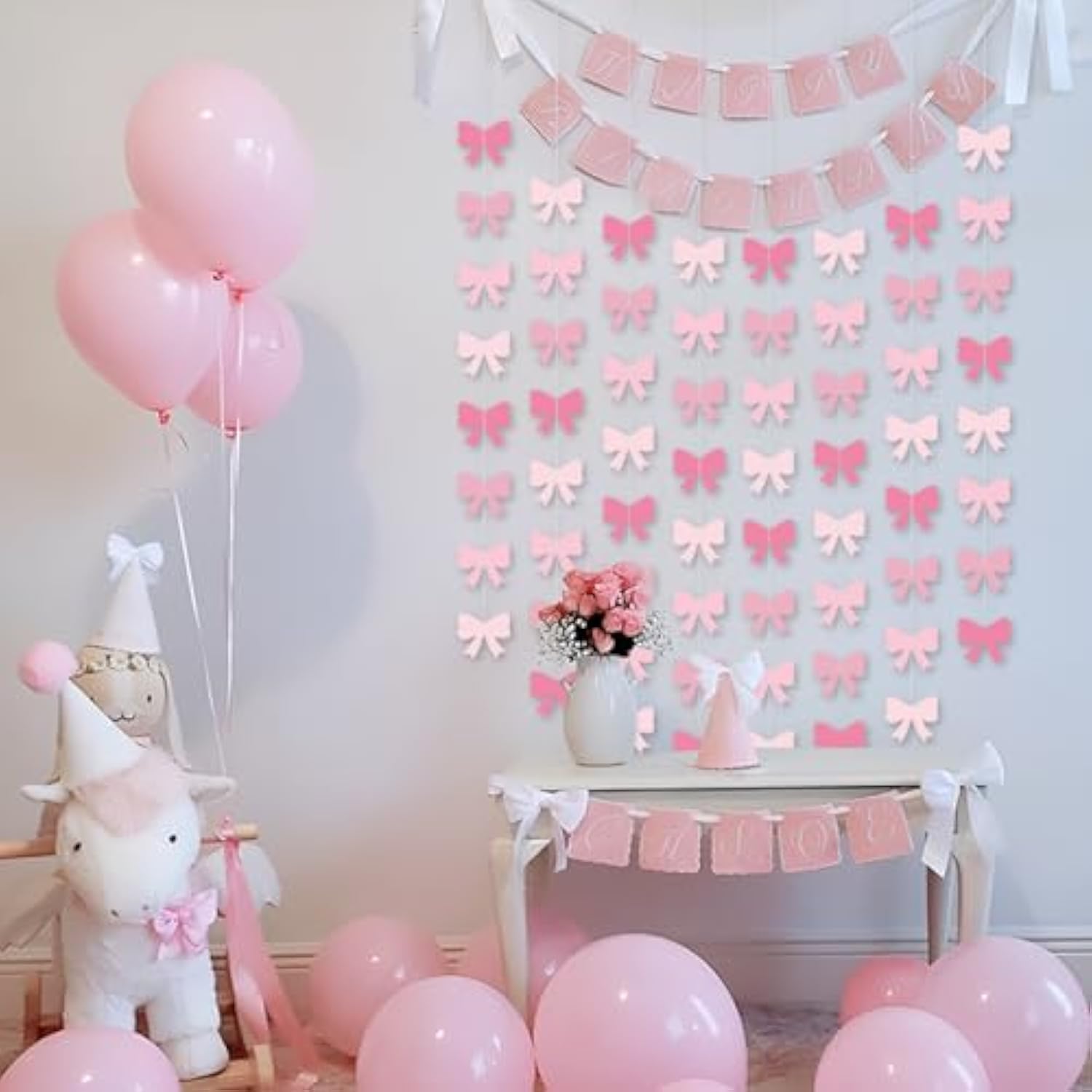 Pink Bow Party Hanging Banners & Birthday Party Supplies Decorations - Bow Paper Cutouts For Girl Baby Shower Bridal Shower Bachelorette Room Backdrop - 8 Pcs, 55 Inch, Hot To Light Pink Paper Banners