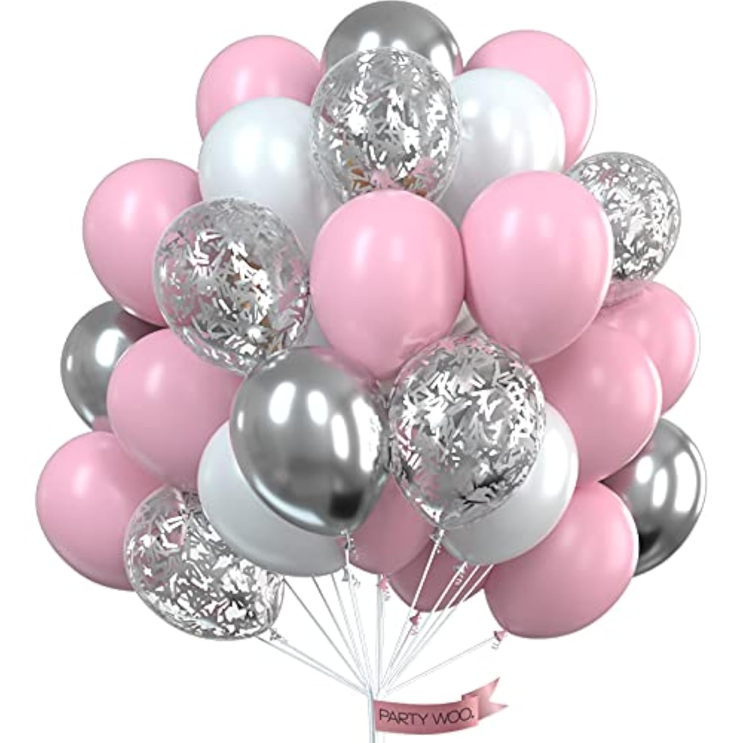 Pink Balloon Set - 60pcs Pink, White, Silver & Confetti Balloons for Birthday Party Decor
