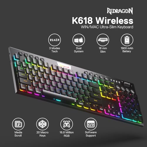 K618 PRO 3-Mode Wireless RGB Mechanical Keyboard, BT/2.4Ghz/Wired Low Profile Win/Mac Gaming Keyboard w/Ultra-Thin Design, Dedicated Media Control &