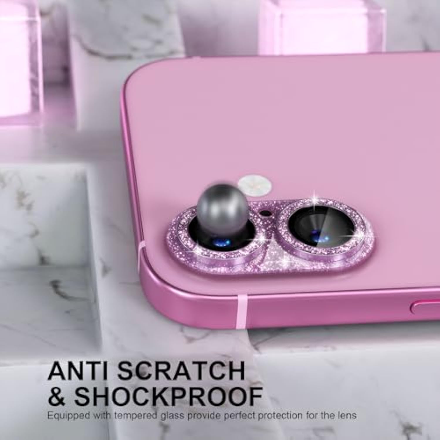 Compatible For Iphone 16 /Iphone 16 Plus Camera Lens Protector, Bling Camera Cover With 9H Tempered Glass Lens Screen Protector Metal Ring Decoration Accessories (Glitter-Pink)
