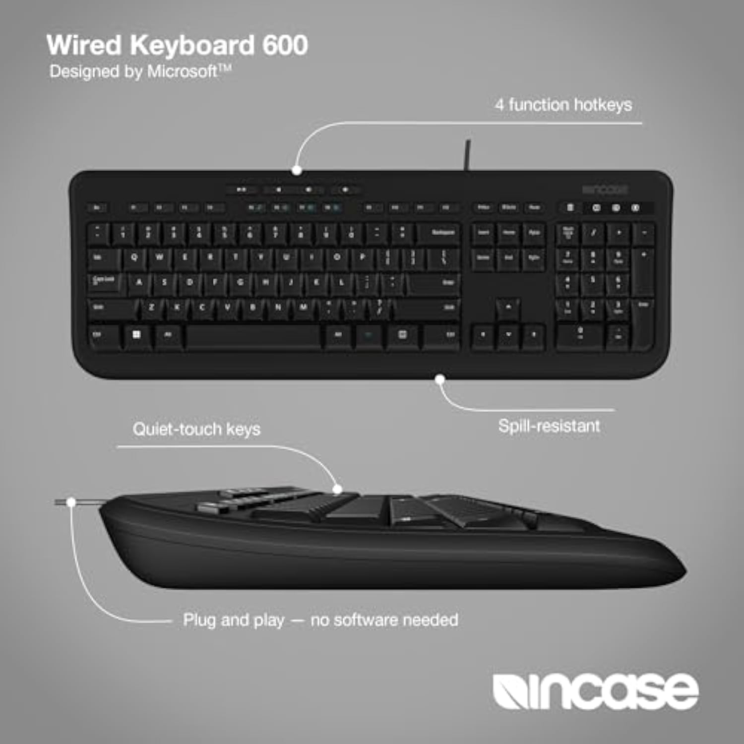 Incase Wired Keyboard 600 – Designed by Microsoft – Spill Resistant, Quiet Touch Keys, Plug and Play, 4 Hotkeys, Windows Start Key – Black