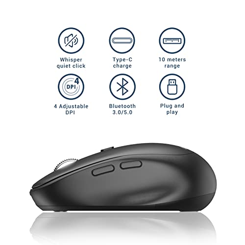 Bluetooth Mouse, Dual Mode Wireless Mouse For Laptop (Bt5.0/3.0 & 2.4G), Usb-C Rechargeable, Silent Click, 4-Level 2400 Dpi, 3 Device Switch, Portable Ergonomic Mouse For Windows, Mac, Android