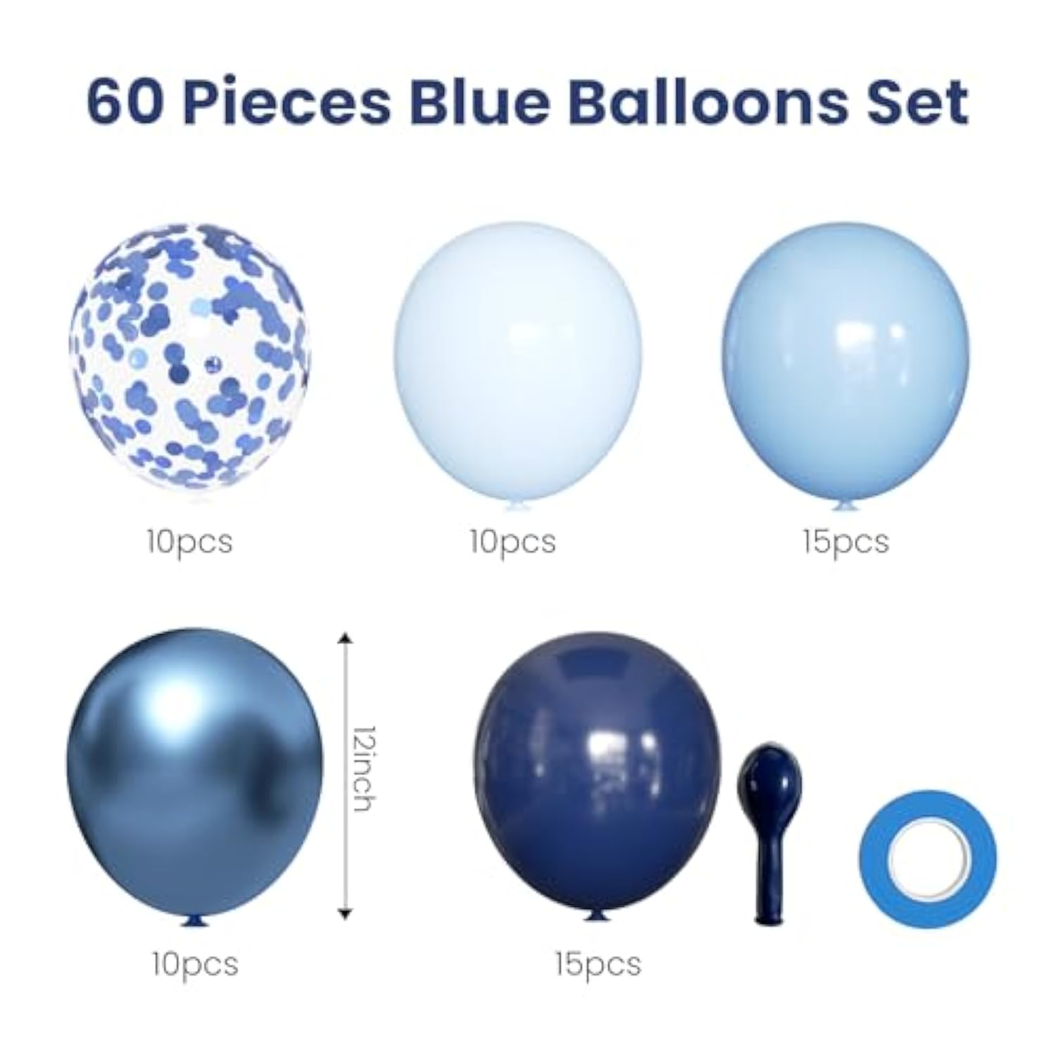 60 Blue Balloons - 12" Metallic & Navy for Birthday, Baby Shower, Wedding Decor