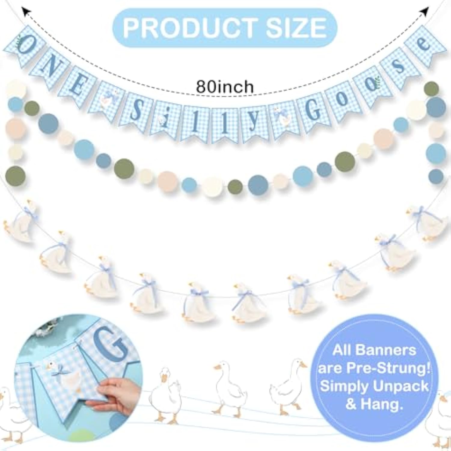 3 Pcs One Silly Goose Banners Garlands One Silly Goose Birthday Party Decorations For Baby Shower Birthday Photo Props Themed Party Supplies(Blue)