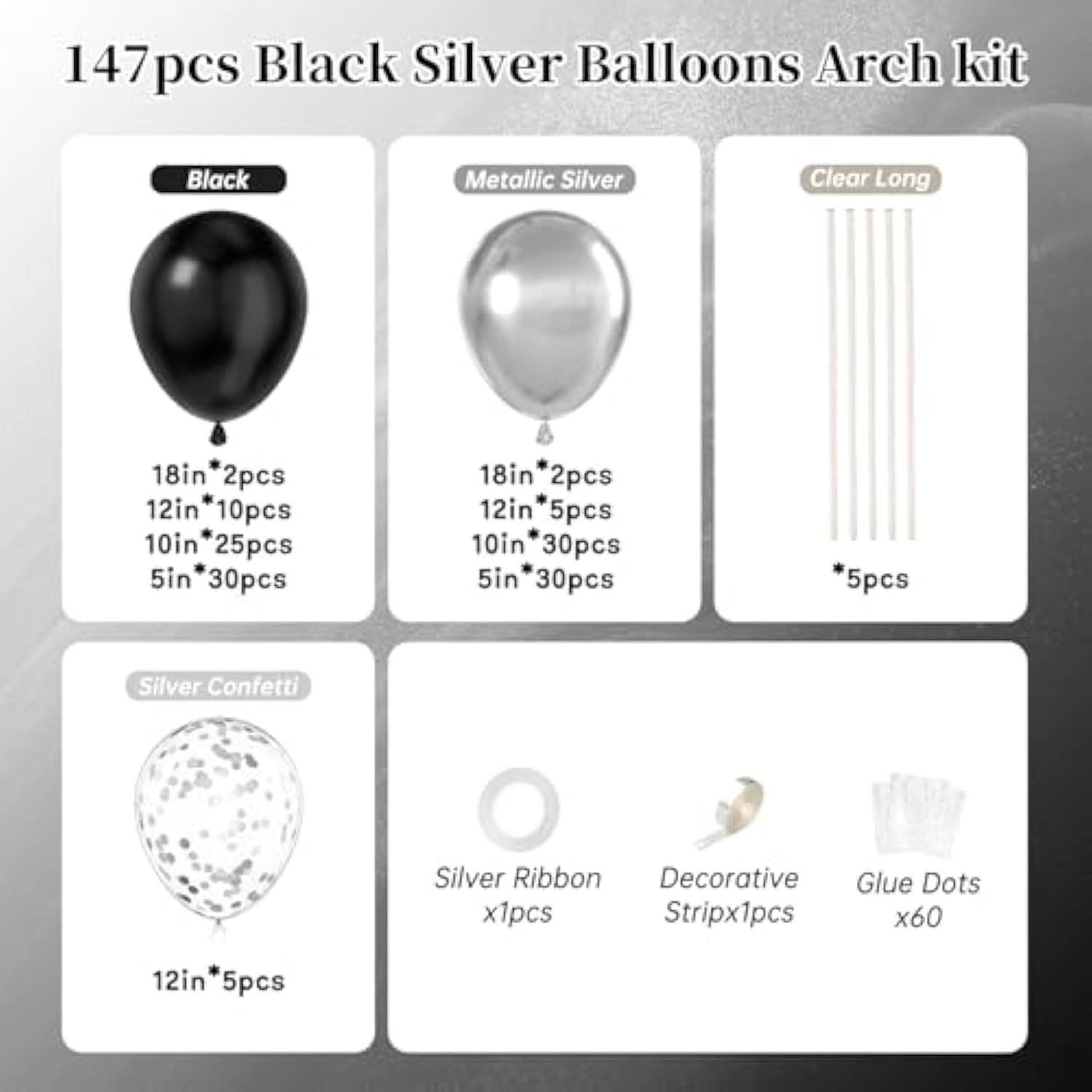 147 Pc Black Silver Balloon Garland Arch Kit Party Decoration