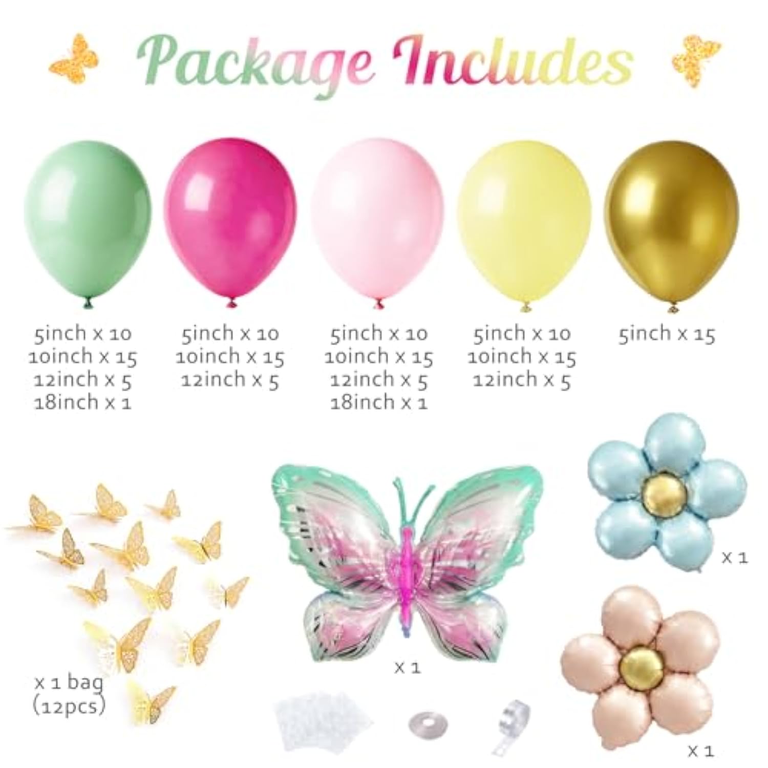 Spring Floral Butterfly Balloon Arch Kit,155Pcs Pastel Rose Red Yellow Pink Green Balloon Garland With 3D Stickers Daisy Butterfly Foil Balloons For Fairy Baby Shower Birthday Tea Party Decorations