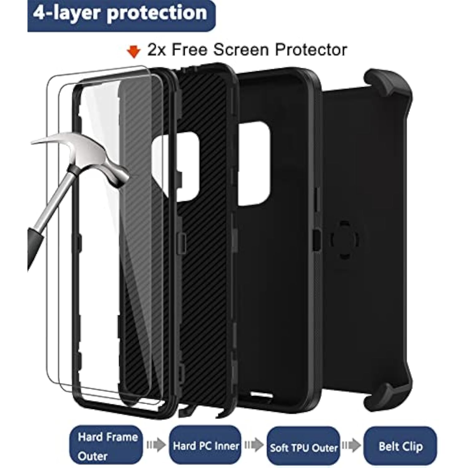 Samsung Galaxy S9+ Case with Belt Clip Holster 2x Screen Protector Black