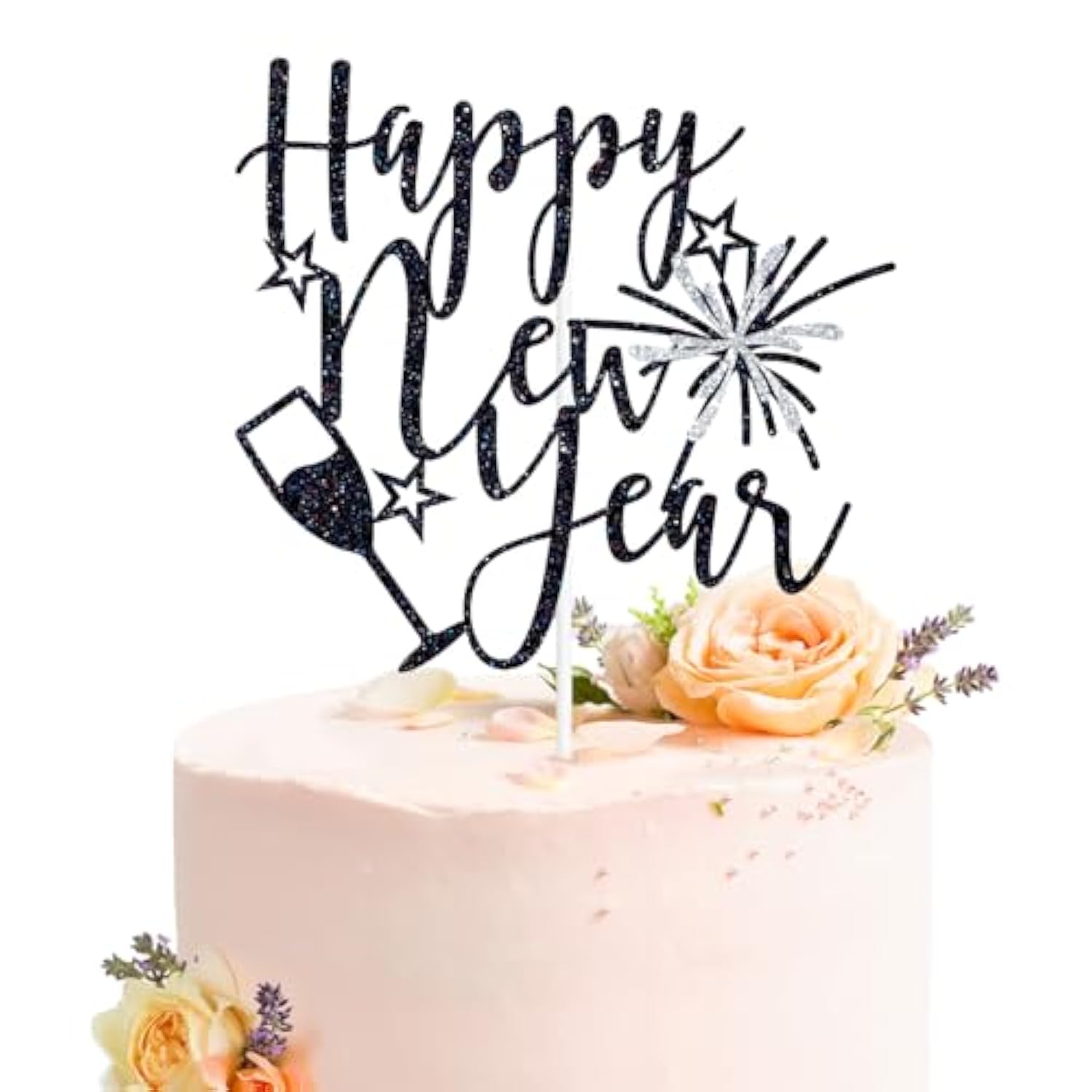 Happy New Year 2026 Cake Topper Black Glitter Party Decoration