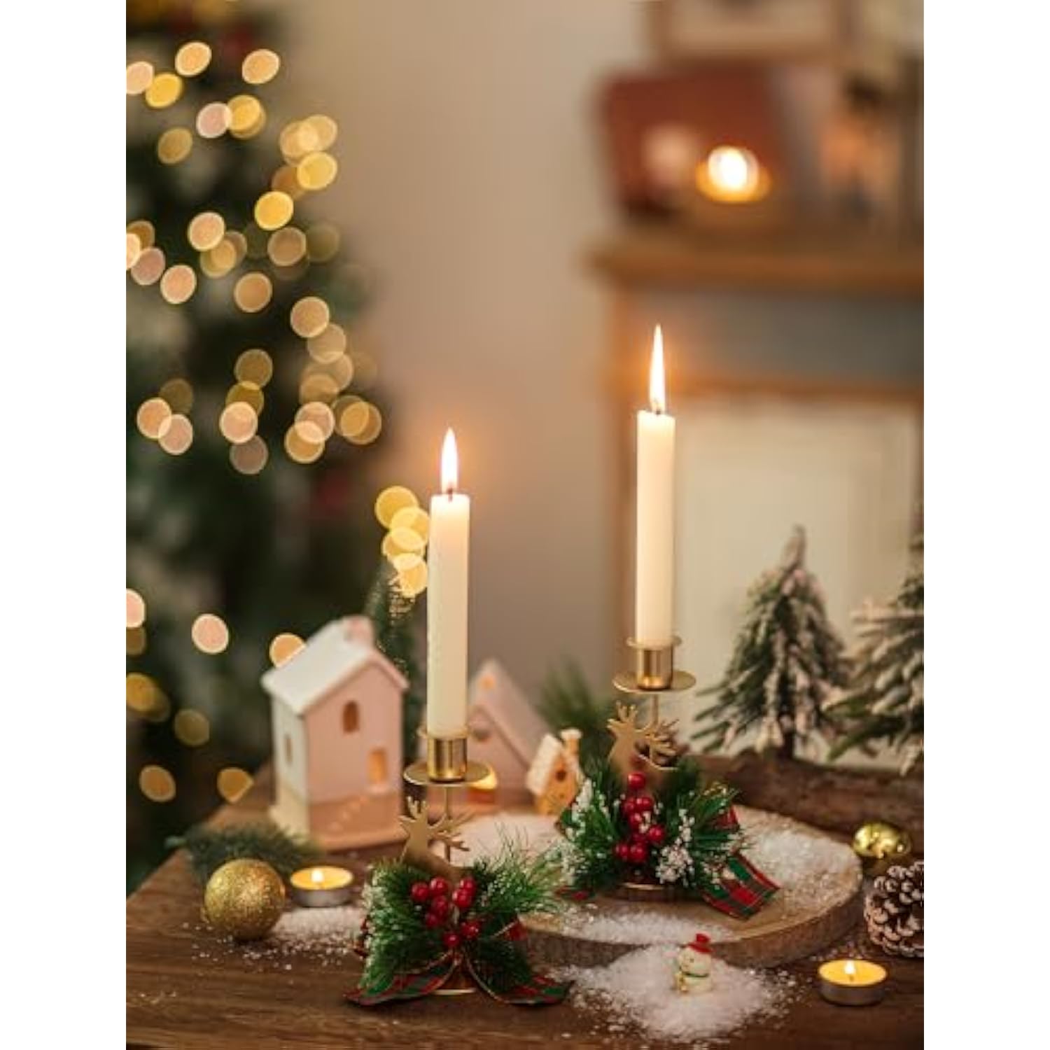 Candle Holders Christmas Decor: Gold Reindeer Candlestick Red Berry Decoration For Taper Table Centerpiece Festive Ornaments Mantel Home, Set Of 2