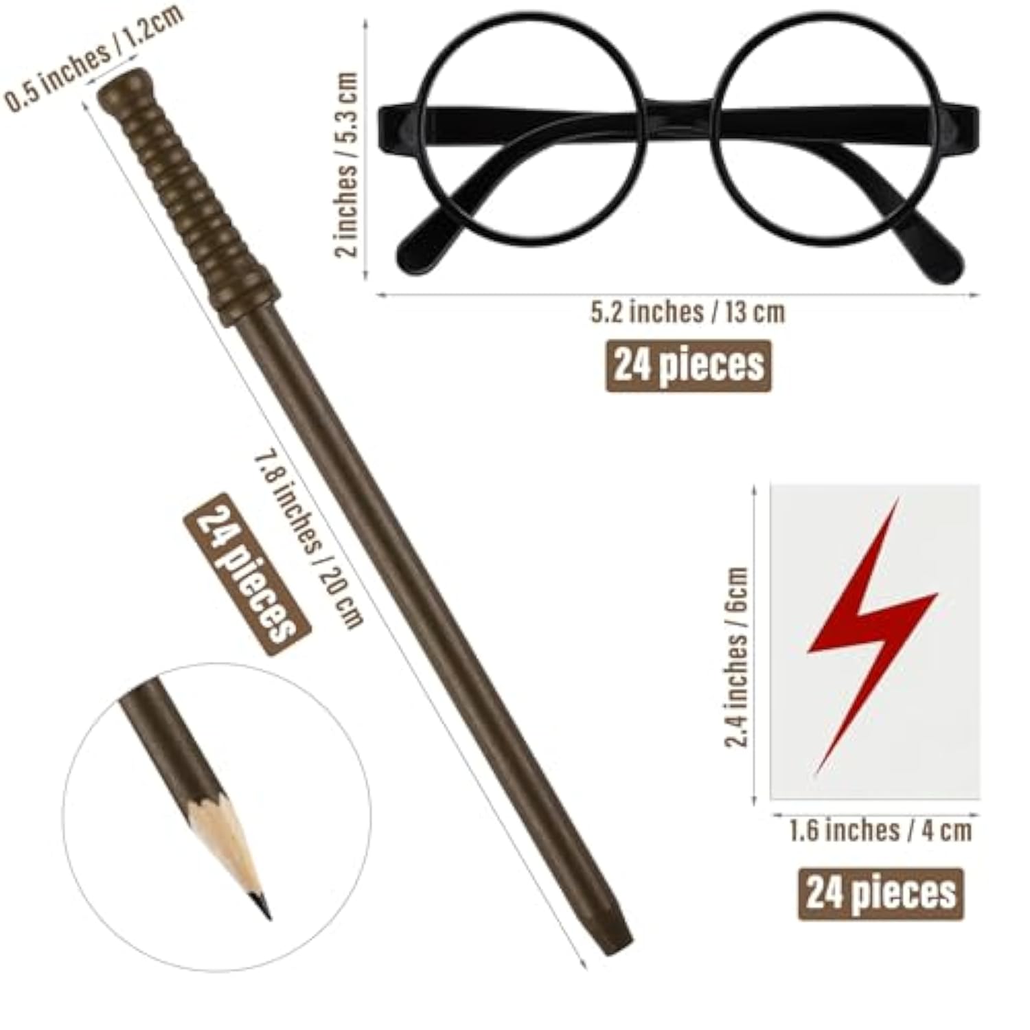 72 Pieces Wizard Party Favors Set 24 Wand Pencils 24 Wizard Glasses With Round Frame No Lenses 24 Lightning Bolt Tattoos For Wizard Theme Party Supplies Birthday School Cosplay Decor, Medium