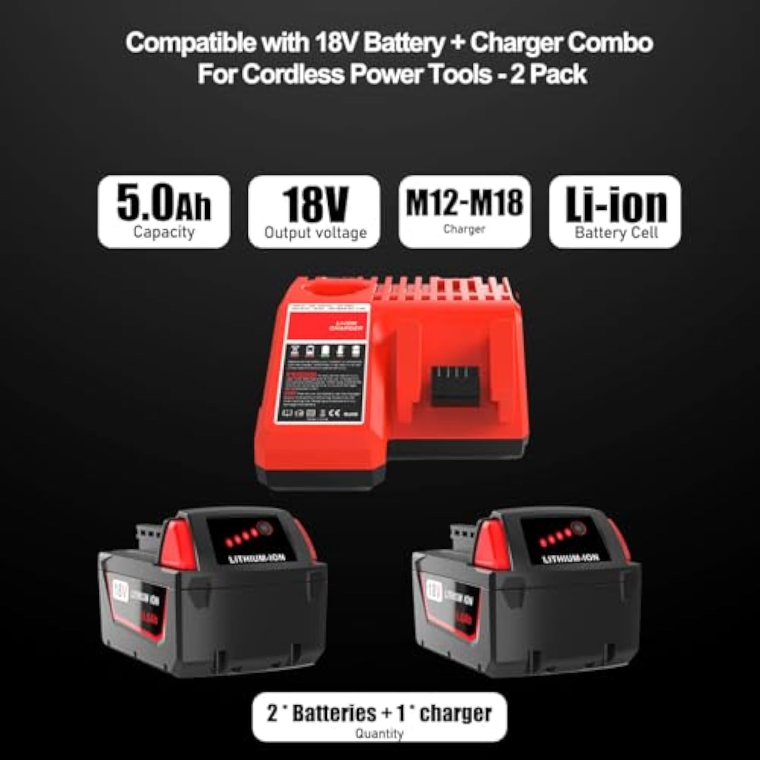 2 Pack 5.0Ah Replacement For Milwaukee M18 Lithium Ion Battery 48-11-1850 And Charger Combo, Compatible With Milwaukee M18 Cordless Power Tools 18V Lithium Battery, And Milwaukee 18V Battery Charger