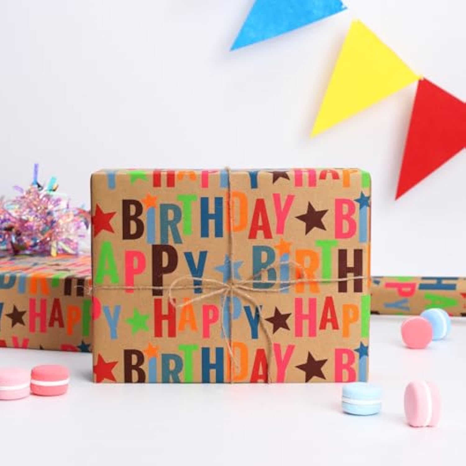 Kraft Birthday Wrapping Paper – Colorful Text Design, 17" x 33' Roll