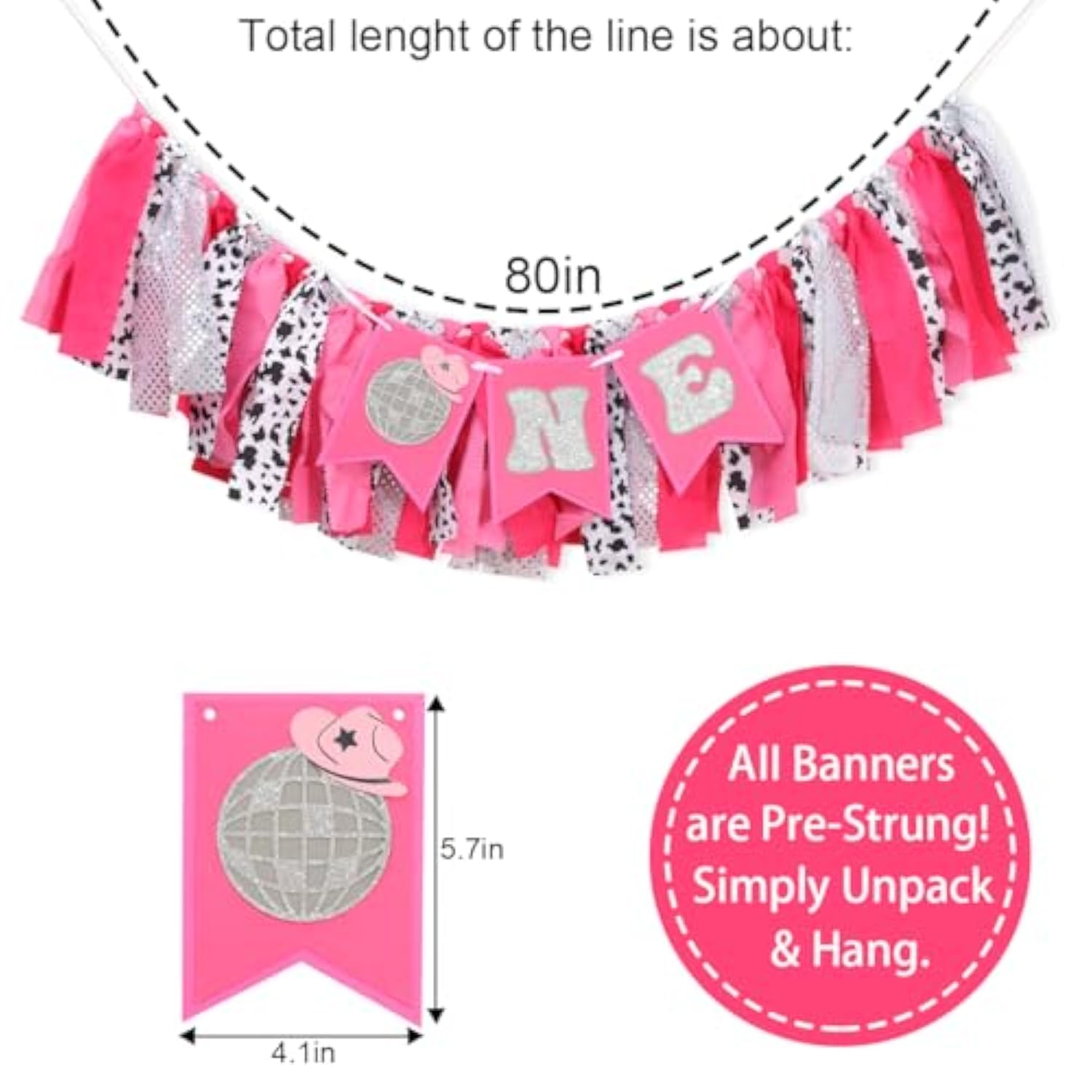 Cowgirl One 1St Birthday High Chair Banner - Disco Party Girls Smash Cake Decorations, Rodeo Photo Props