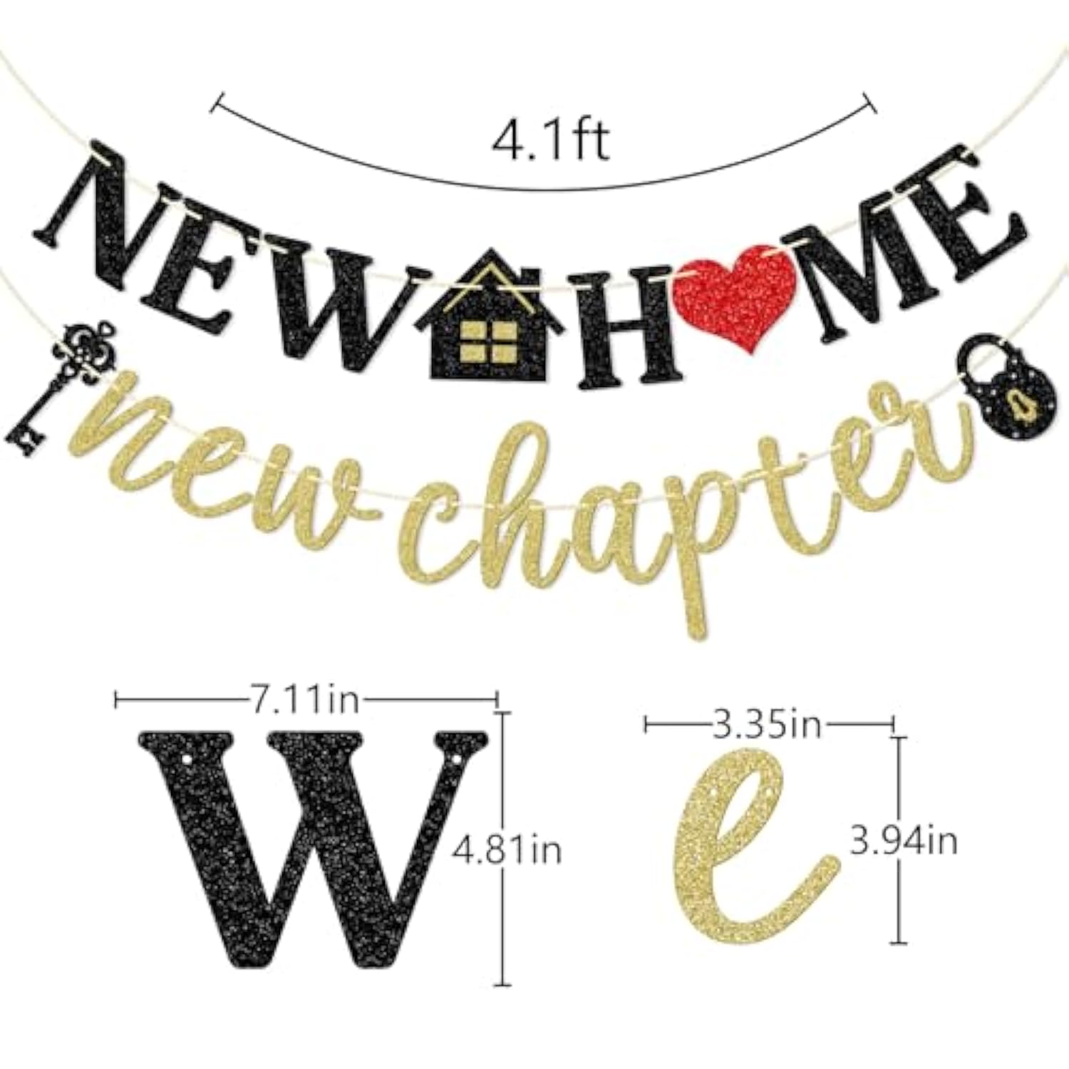 New Home New Chapter Banner — Pre-Strung Black & Gold Glitter Housewarming Decor