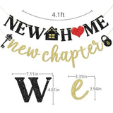 New Home New Chapter Banner — Pre-Strung Black & Gold Glitter Housewarming Decor