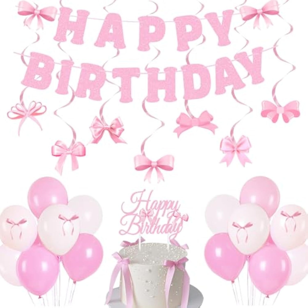 28pcs Pink Bow Birthday Decorations with Banner, Swirls, Balloons & Garland