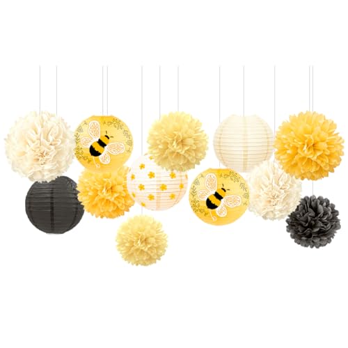 Bee Party Decorations 12PCS Yellow Paper Lantern Tissue Pom Pom