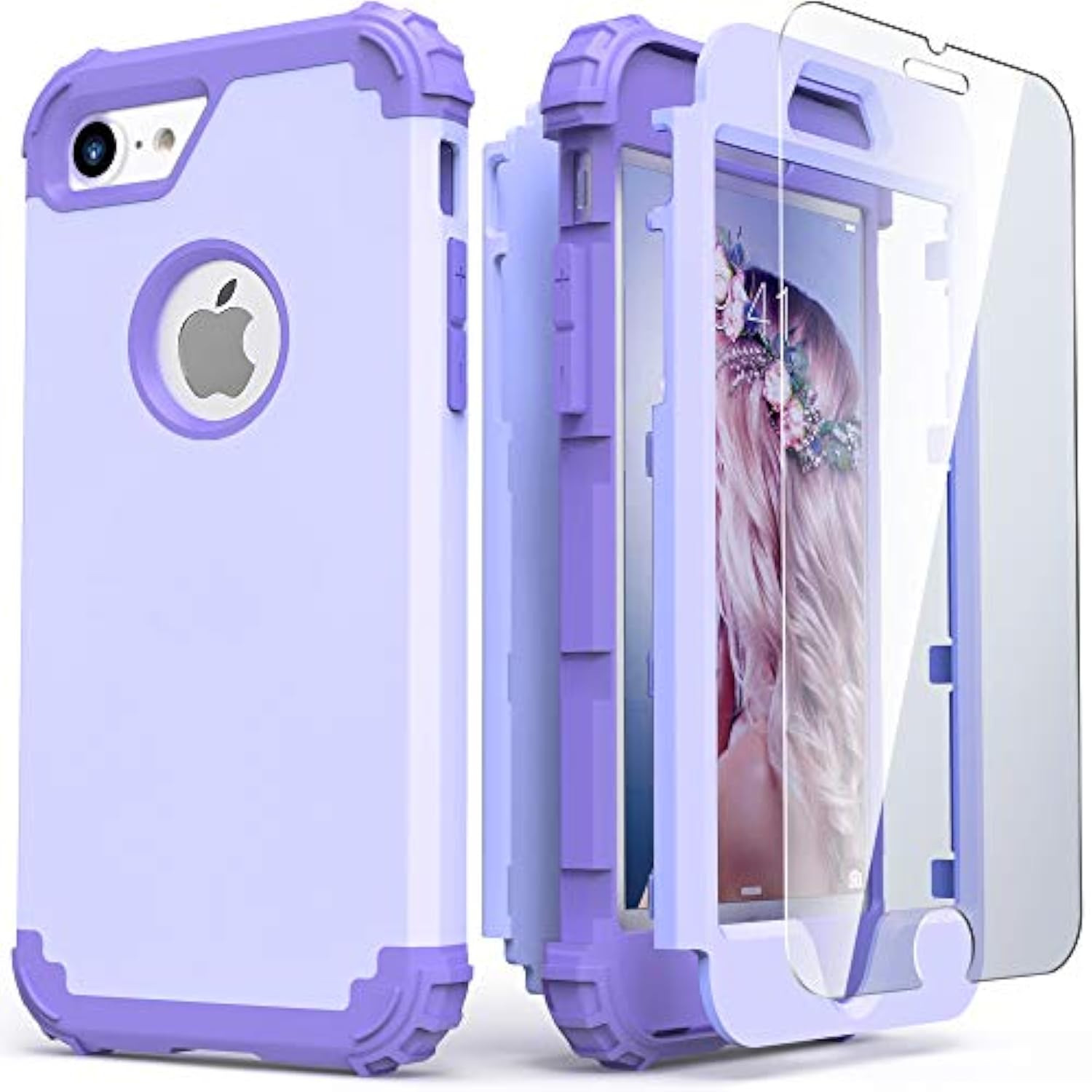 For Iphone 8 Case & For Iphone 7 Case With Screen Protector (Tempered Glass),3 In 1 Shockproof Hybrid Heavy Duty Hard Pc Cover Soft Silicone Sturdy Bumper Full Body Sturdy Case, Purple