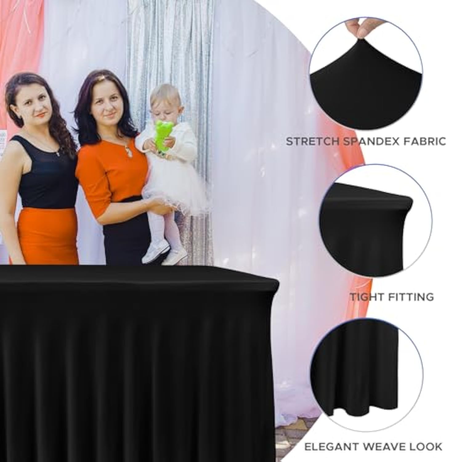 2 Pack Black Stretch Spandex Table Skirts (72x30") for 6 Ft Tables Party/Banquet