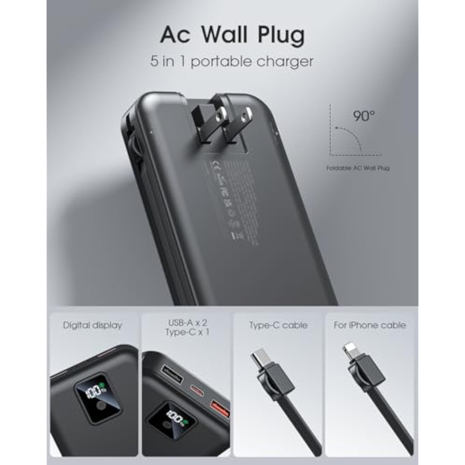 Portable Charger Built-In Cables And Ac Wall Plug, 12000Mah Power Bank, Usb C 22.5W Fast Charging Phone Charger ,Compact Lightweight External Battery Pack For Iphones, Ipad, Samsung?Tablets, Etc.