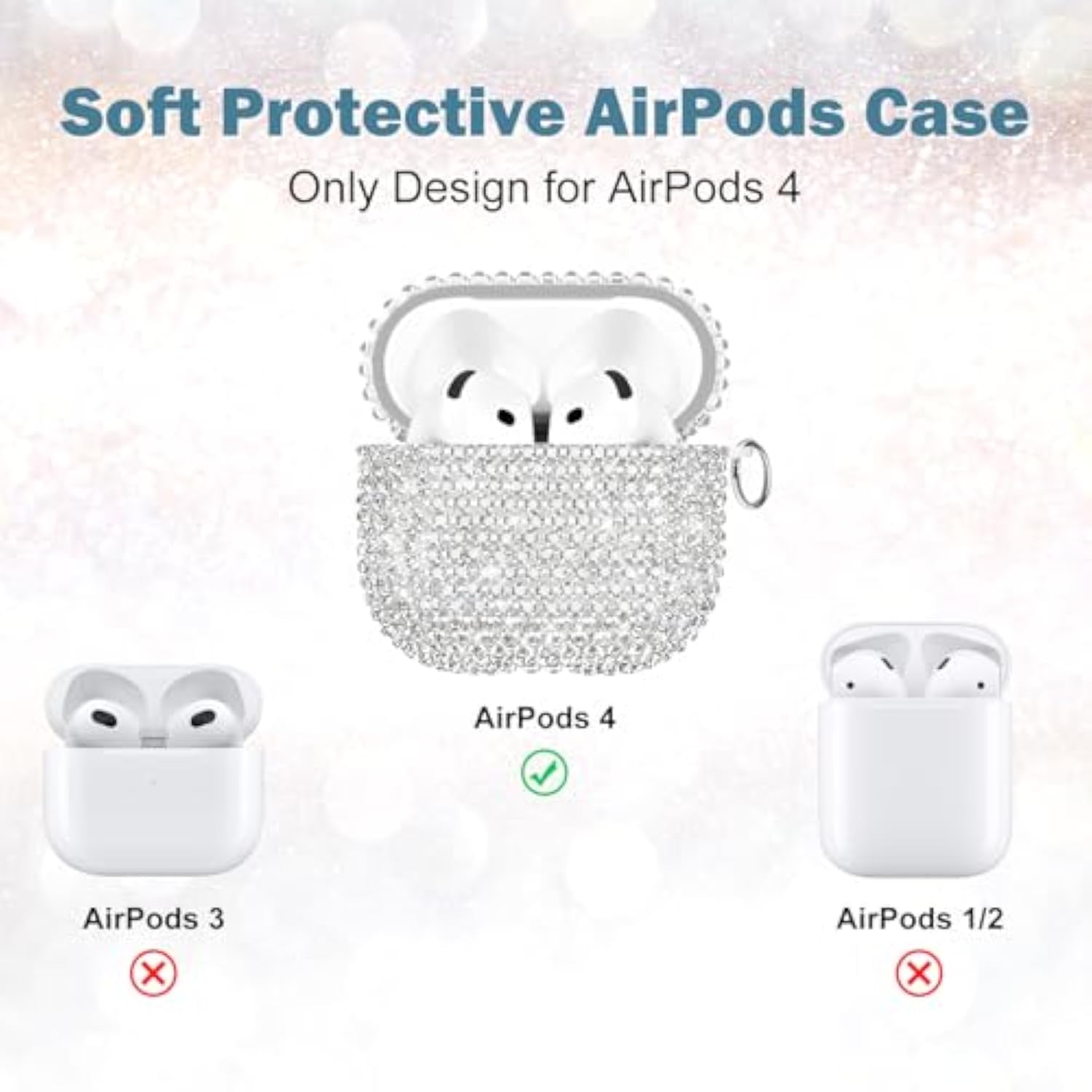 Luxury Sparkly Bling Rhinestone Case with Keychain for Women Girls Airpods 4 Generation Case, Anti-Lost Glitter Crystal Hard PC Shockproof Full Protective Cover