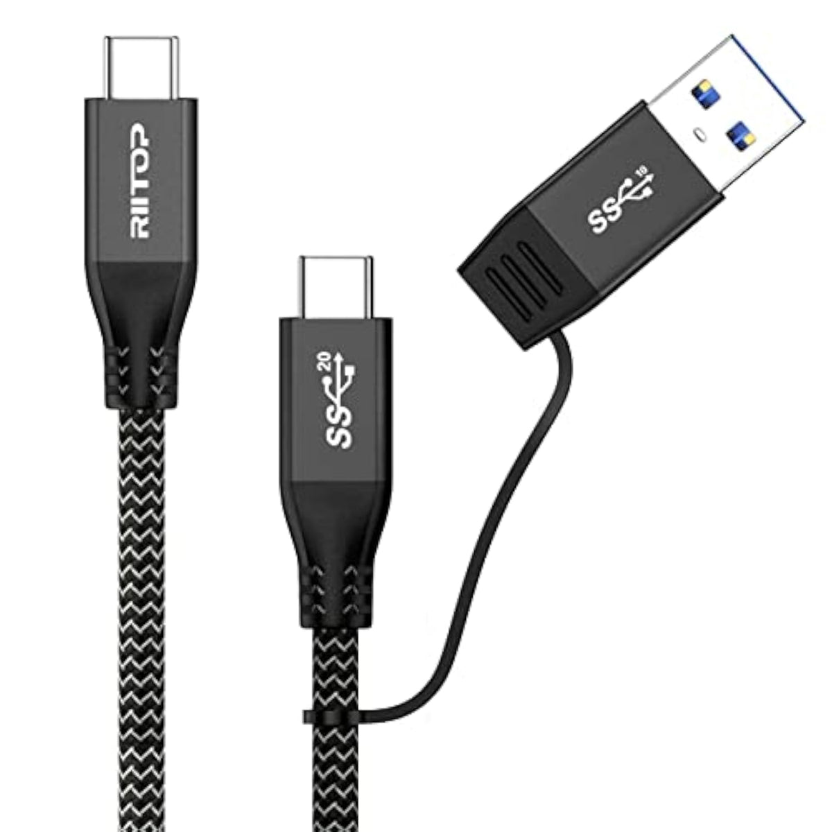 RIITOP USB 3.2 C to C Cable 20Gbps [1FT], Braided 2IN1 USB Type C Y Short Cabl