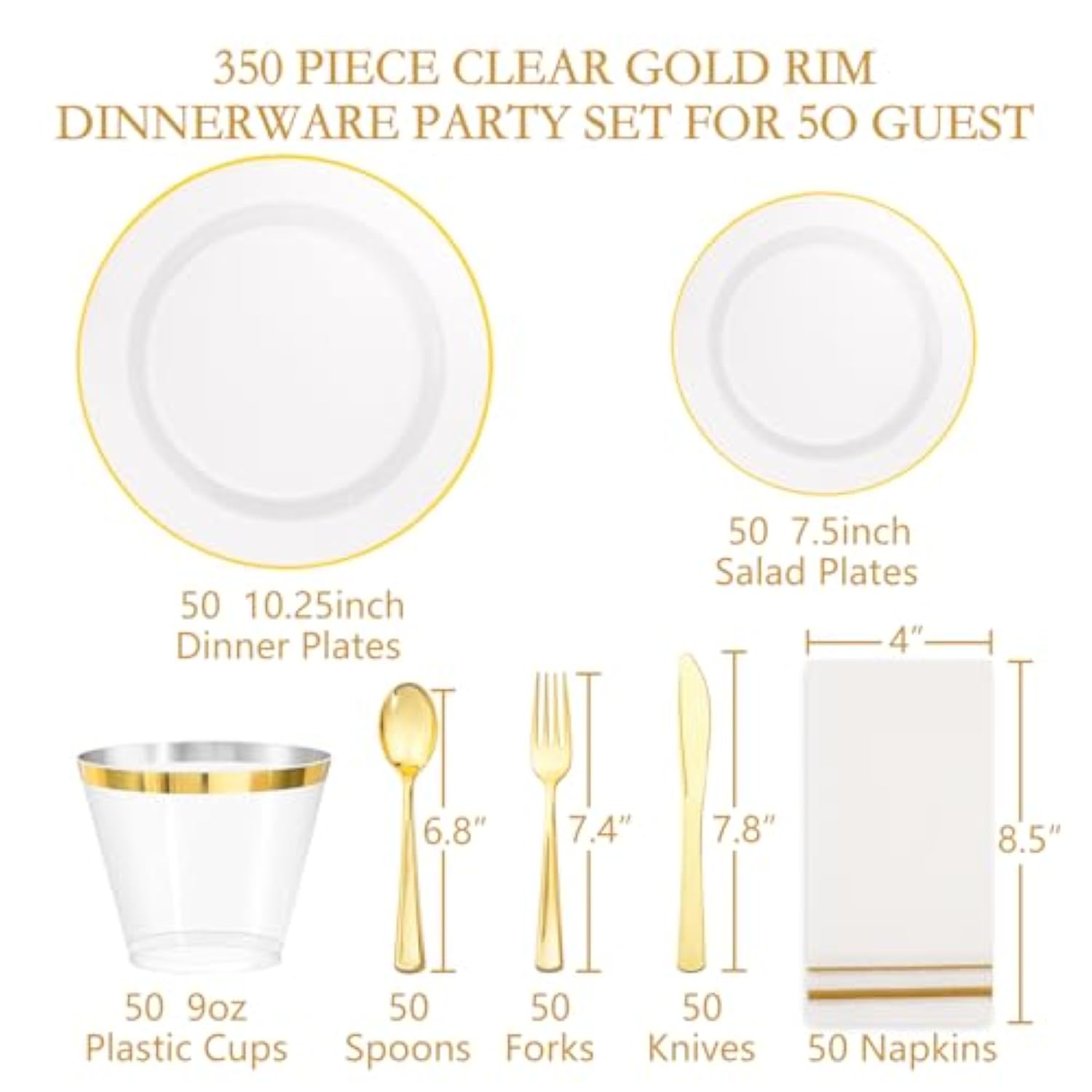 350Pcs Plastic Dinnerware Set For 50 Guests, Clear And Gold Plastic Plates, Disposable Plates And Napkins Party Supplies, Gold Silverware, Plates, Cups And Napkins Sets For Party Weddings