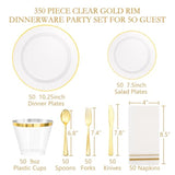 350Pcs Plastic Dinnerware Set For 50 Guests, Clear And Gold Plastic Plates, Disposable Plates And Napkins Party Supplies, Gold Silverware, Plates, Cups And Napkins Sets For Party Weddings