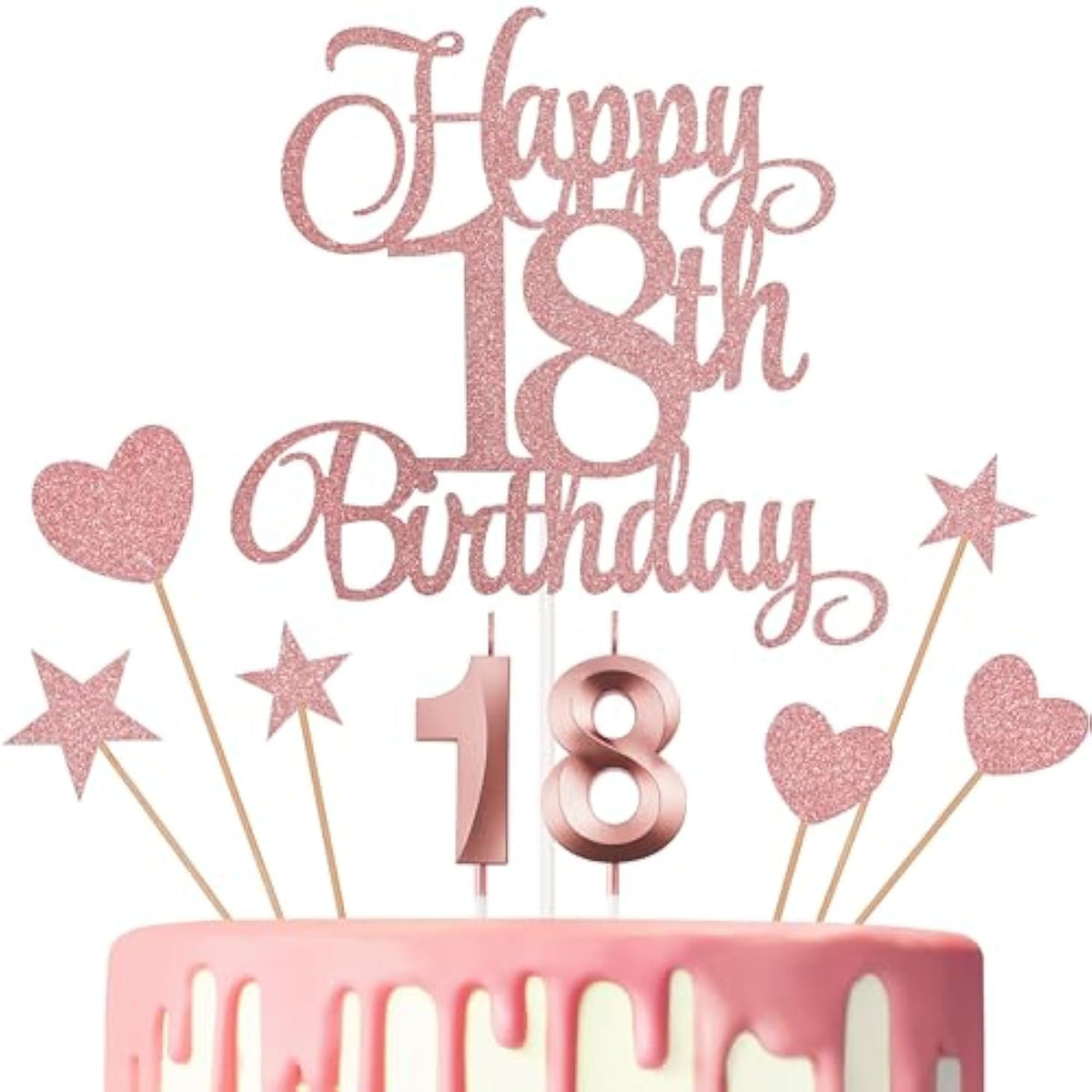 18th Birthday Cake Decorations Set with Numeral Candles & Glitter Toppers Rose Gold