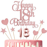 18th Birthday Cake Decorations Set with Numeral Candles & Glitter Toppers Rose Gold